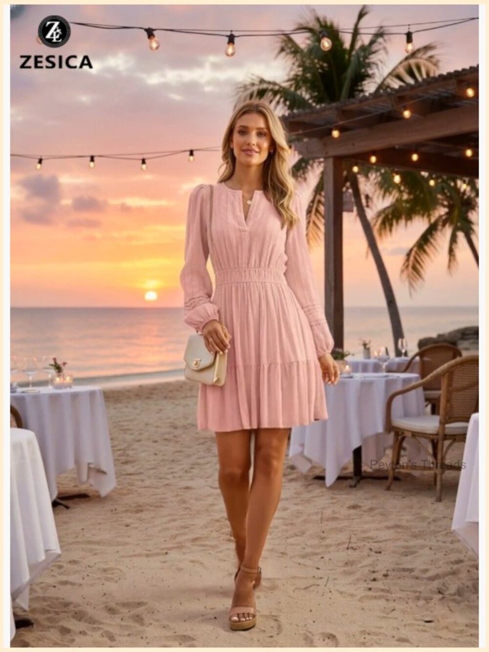 Long Sleeve V Neck Mini Dress Ruffle Pleated A Line Party Dress - Picture 7 of 7
